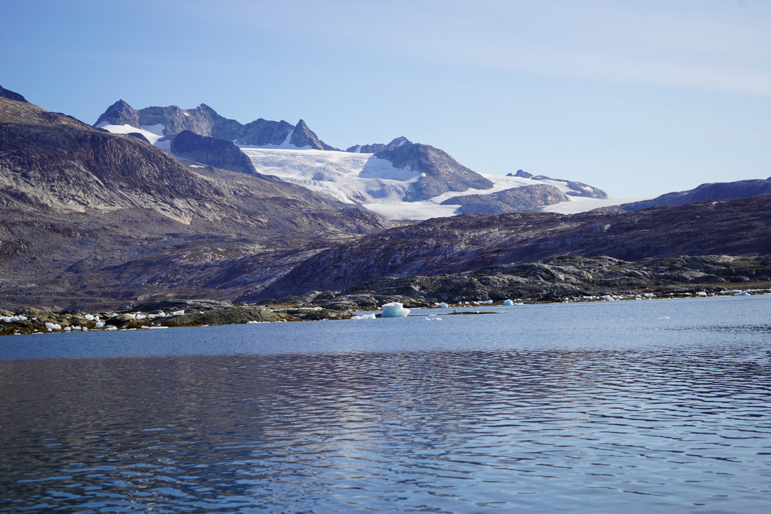 View of the glacier you cross when visiting Tiilerilaaq during winter with snowmobile or dog sled from Tasiilaq.