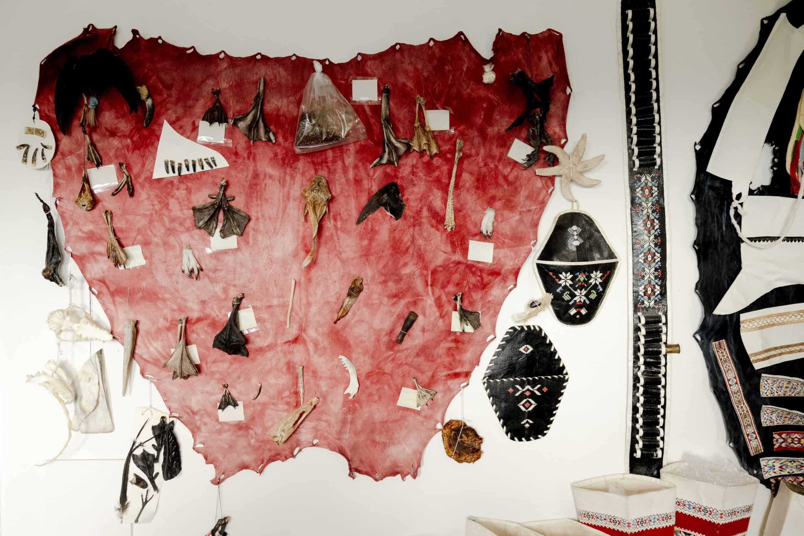 Knifes and tools presented on a prepared sealskin at Kulusuk museum.