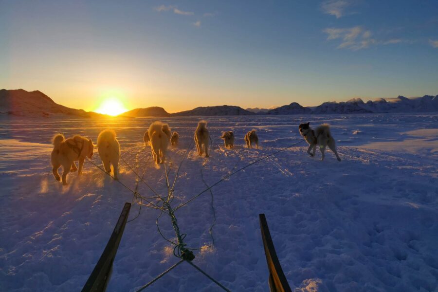 Heading with the dog sled into the sunset near Kulusuk.